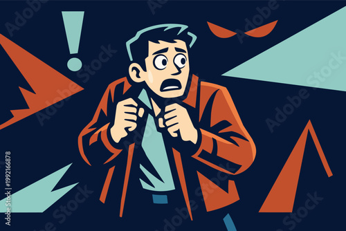 Man feeling fear and paranoia, surrounded by menacing shadows and danger symbols in a dark, uncertain environment