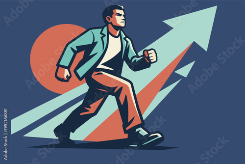 Ambitious businessman moving forward, walking up successful growth chart, striving for business goals and progress