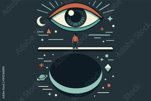 Person standing on a platform, a cosmic eye observing from above, a dark void below, symbolizing divine omniscience and surveillance