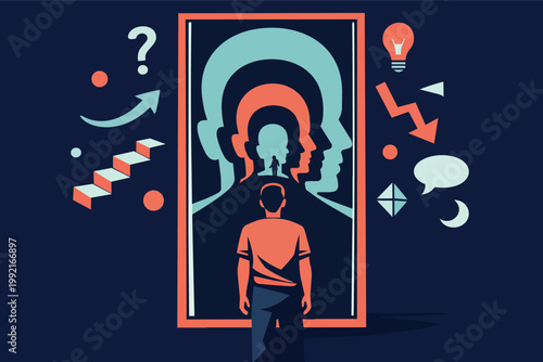 Man looking into a frame revealing evolving head shapes, symbolizing introspection, self-discovery, and psychological depth