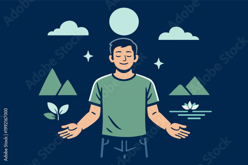 Young man meditating at night outdoors, finding peace with nature, moon, stars, and serene landscape elements