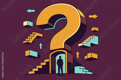 Businessman standing in an archway forming the base of a huge question mark, facing different paths, stairs, and arrows