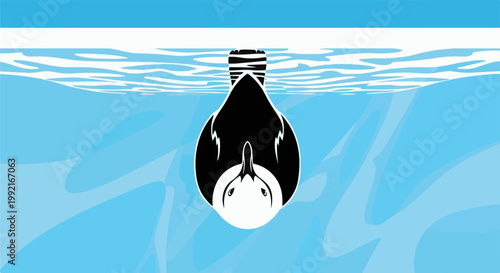 A stylized duck dives into blue water with a striped tail visible above the surface