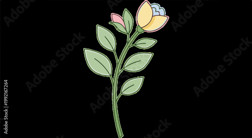 A stylized drawing of a tall, slender green plant with multiple leaves and a single blooming flower