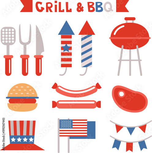 Hot grill with fire and delicious barbecue food items vector