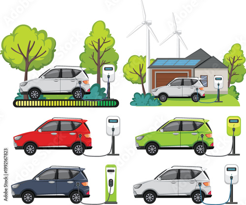 Smart electric car charging icons for sustainable city transport vector