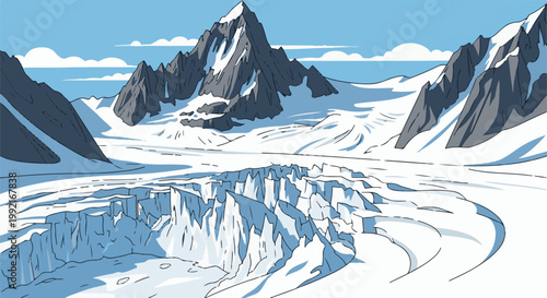 A stylized digital illustration of a vast, icy mountain landscape with a prominent glacier in the foreground