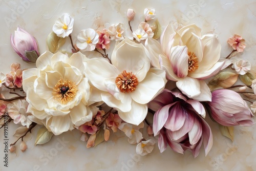 A lavish mixed bouquet of magnolias, lotuses, and peonies emerging from the bottom of the frame. Soft cream silk background. Luxurious 3D sculptural relief