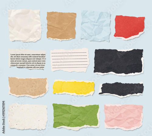 Colorful Torn Crumpled Paper Scrap Set – Realistic Ripped Note Cardboard Texture Collage Element Vector Collection