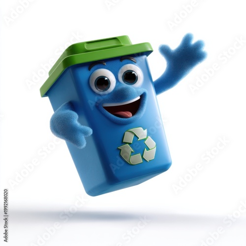 Recycling bin mascot waving in studio environment