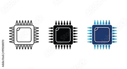 3 minimalist chip icons set technology - logo icons vector set. Blue, Black and white icons
