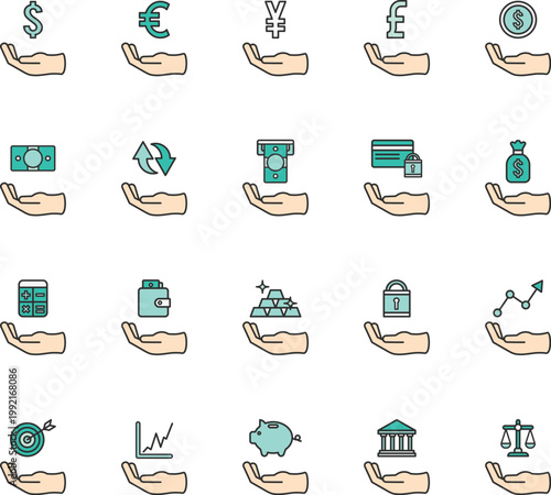 Various currency exchange and money management flat icon set vector