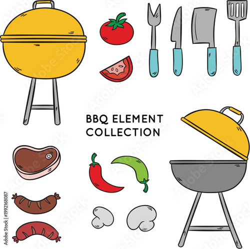 Vintage bbq tools and grilled food elements collection design vector