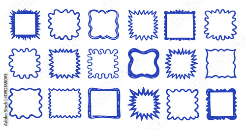 Hand Drawn Doodle Square Frame Border Set – Wavy Zigzag Scallop Edge Shape Collection Blue Outline Vector Design Elements