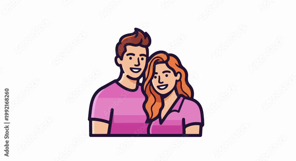 Obraz premium A stylized illustration depicts a smiling couple, a man and a woman, against a white background