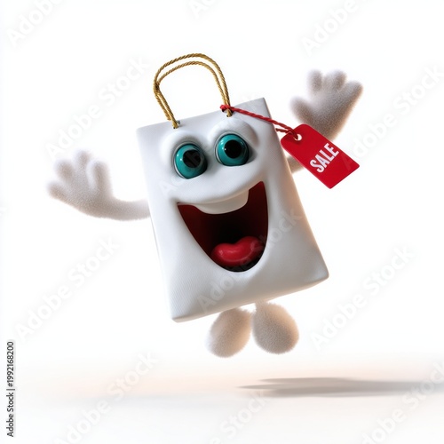 Animated shopping bag character jumping in white studio