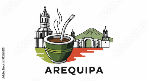 A stylized illustration depicts a traditional drink in a cup alongside iconic buildings and a mountain