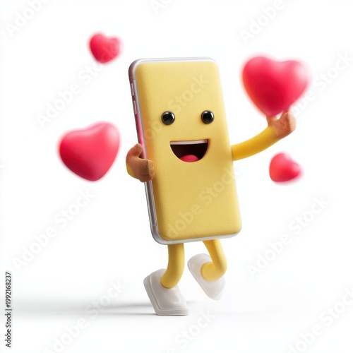 Animated phone character holding hearts jumping on white background