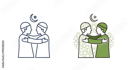 Muslim men in prayer embrace.