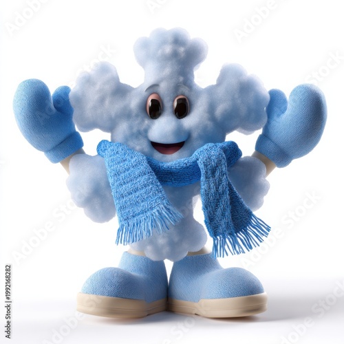 Snowflake character wearing scarf and mittens on white background