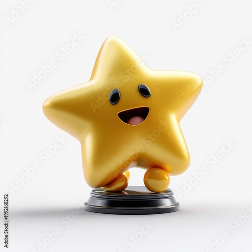 Golden star trophy smiling on pedestal in studio white background