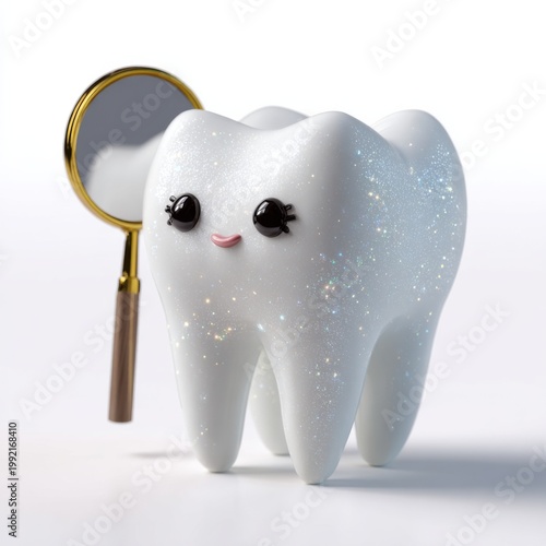 Cute tooth character smiling beside magnifying mirror on white