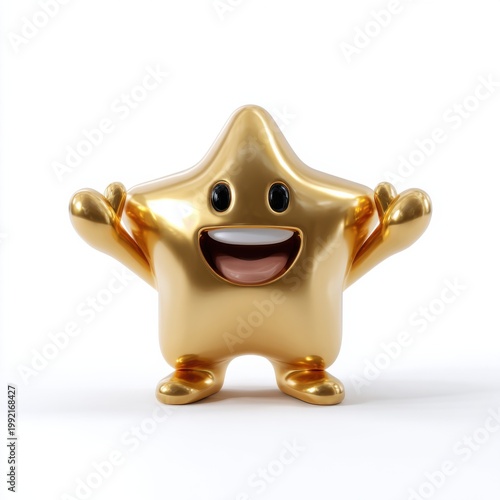 Gold star character smiling with arms raised on white