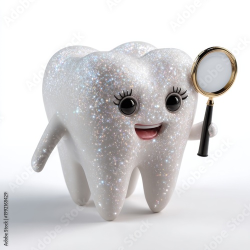 Sparkling tooth holding magnifying glass in white studio
