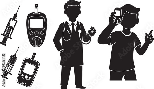 Doctor with stethoscope, patient with glucometer, syringes, medical supplies.
