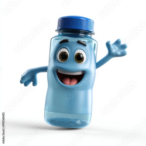 Blue bottle character waving on white studio background