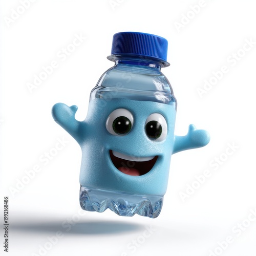 Blue water bottle character smiling with arms raised on white background