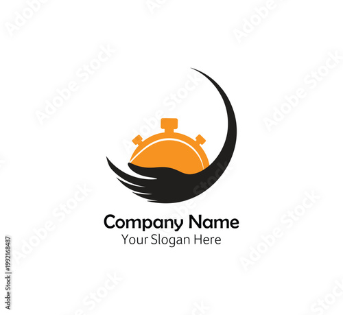 Abstract Hand Holding Orange Gear Icon with Swoosh - Company Logo