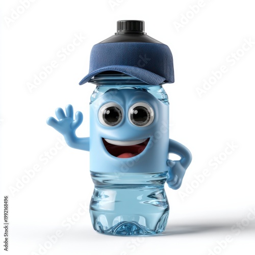 Water bottle character waving with cap hat on white background