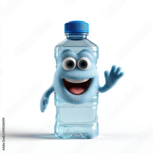 Plastic water bottle mascot waving on white background