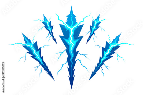 Dynamic vector illustration featuring five powerful blue lightning bolts striking with vibrant electric energy and intricate crack effects, a dramatic graphic design.