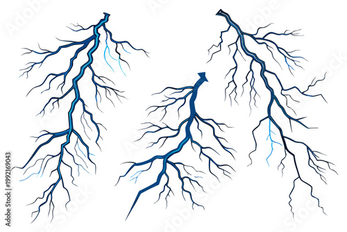 Three blue lightning bolt vector graphic designs showing branched electrical discharges set against a clean and plain white background area