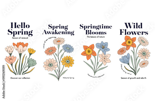 Collection of cheerful vector illustrations showcasing blooming spring flowers with inspiring seasonal phrases