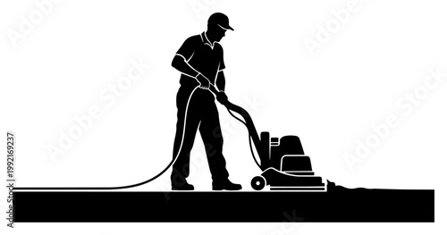 Professional Floor Cleaning Service Illustration, Janitor Using Polishing Machine, Industrial Maintenance Worker Silhouette