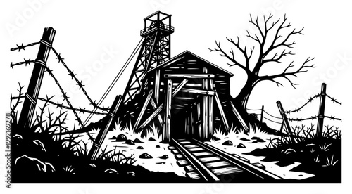 Abandoned Mine Entrance with Headframe and Railway Tracks, Old Coal Mine Shaft Tunnel Vector Illustration, Ruins