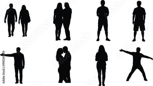 People silhouettes set, standing men women and romantic couple poses, casual lifestyle collection, isolated black figures, social activity illustration design
