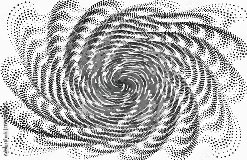 Abstract black and white dotted spiral vortex graphic illustration with radiating patterns and a central twirl