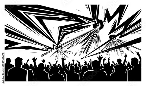 Concert Crowd at Music Festival with Laser Show, Nightclub Party Stage Lights and Audience Silhouette