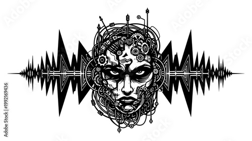 Cybernetic Cyborg Head with Sound Wave Frequency, Artificial Intelligence Robot Face Sci-Fi Illustration