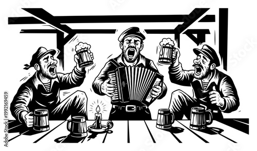 Sailors Singing in Pub with Accordion and Beer Mugs, Fishermen Tavern Celebration Vector Illustration
