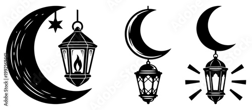 Crescent Moon and Lantern Vector Set, Islamic Ramadan Kareem Ornaments, Mystical Night Sky Decoration Silhouette