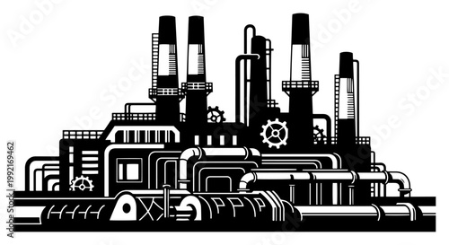 Industrial Factory Plant Vector Illustration, Heavy Industry Manufacturing Facility with Chimneys and Pipes, Urban Engineering Background
