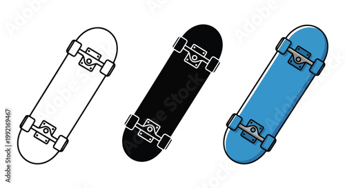 skateboard icons set flat design vector - logo icons vector set. Blue, Black and white icons