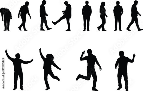 People silhouettes set, walking standing and dancing poses collection, casual lifestyle activity figures, isolated black shapes, social illustration design bundle