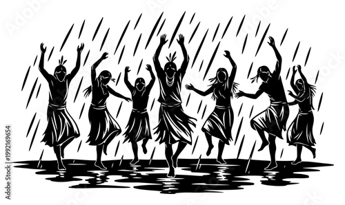 Tribal Rain Dance Ritual Illustration, Indigenous People Dancing in Storm, Ethnic Cultural Celebration Vector