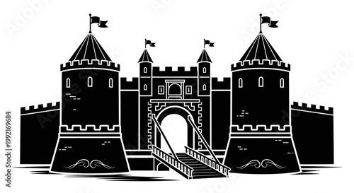 Black and white medieval castle towers.